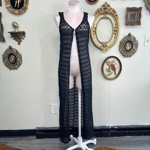 Vintage 90s Cheryl Creations Black Crochet Duster Cardigan Maxi Length